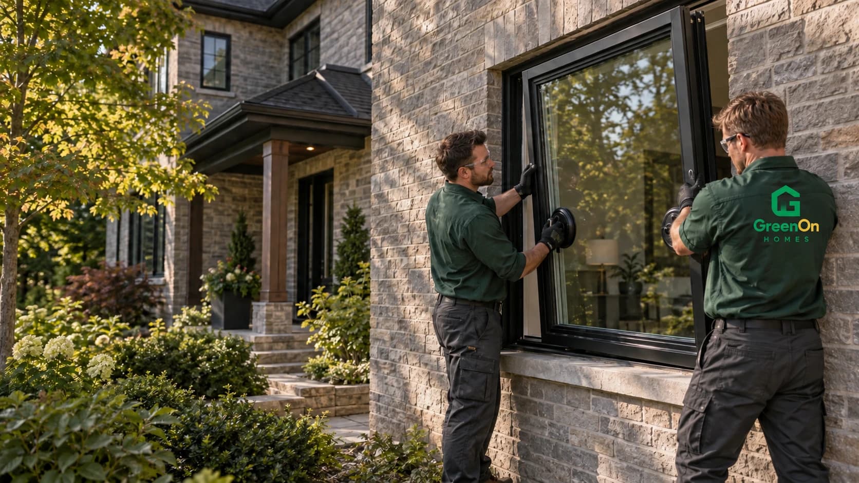 GreenOn Homes crew positioning a black-framed window in a brick opening