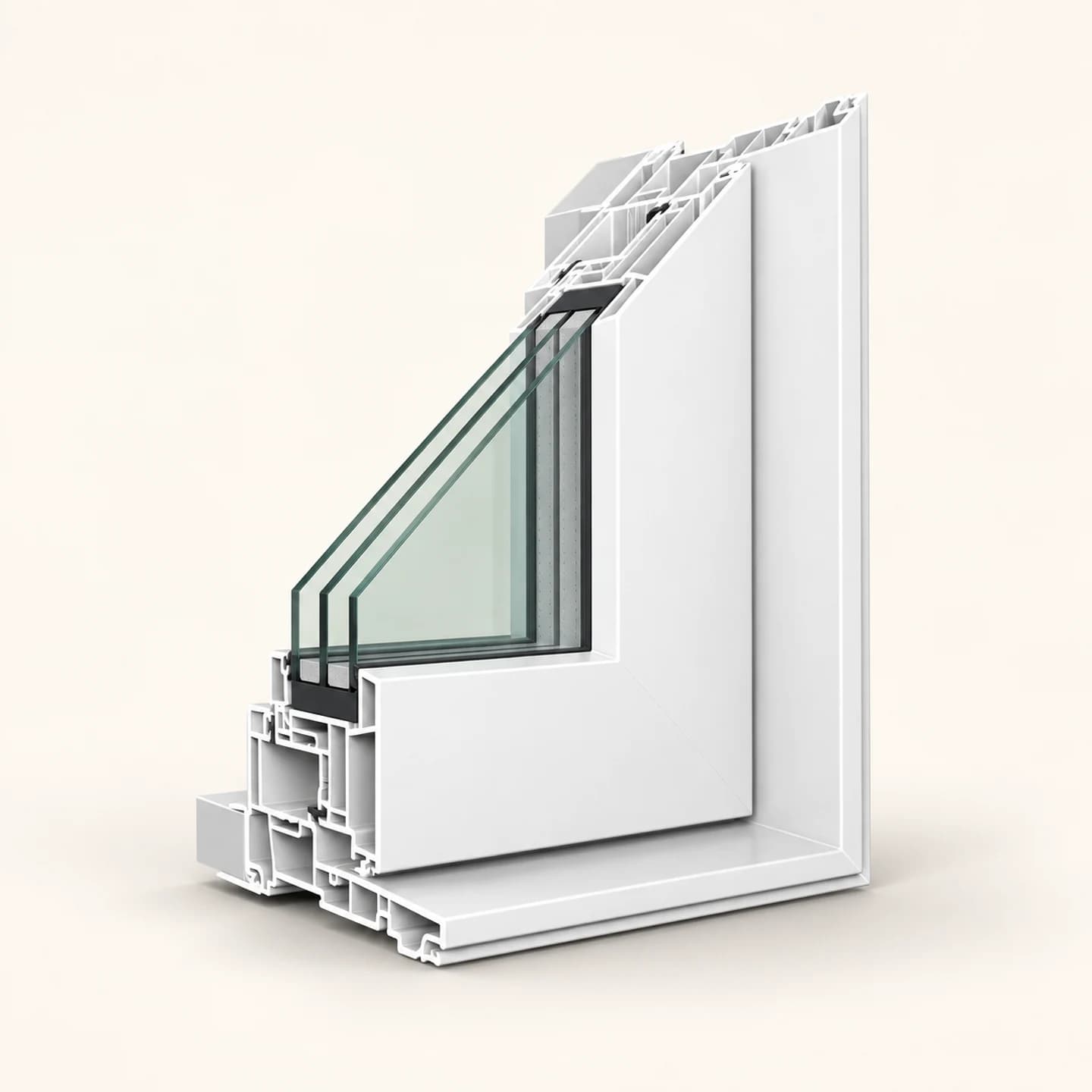 Cross-section of a GreenOn Homes sealed glazing unit with a multi-chamber white frame and three glass panes